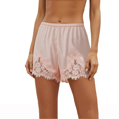 Lace Trim Satin Shorts for Women Half Slips Pajamas Lingerie Micro Shorts Elastic Waist Silk Lace Short Loungewear (Pink, L) | Amazon (US)