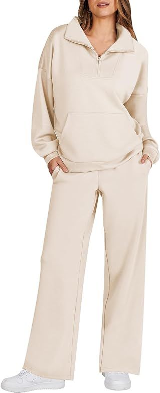 ANRABESS Womens 2 Piece Outfits Sweatsuit Lounge Set Long Sleeve Quarter Zip Oversized Sweatshirt... | Amazon (US)