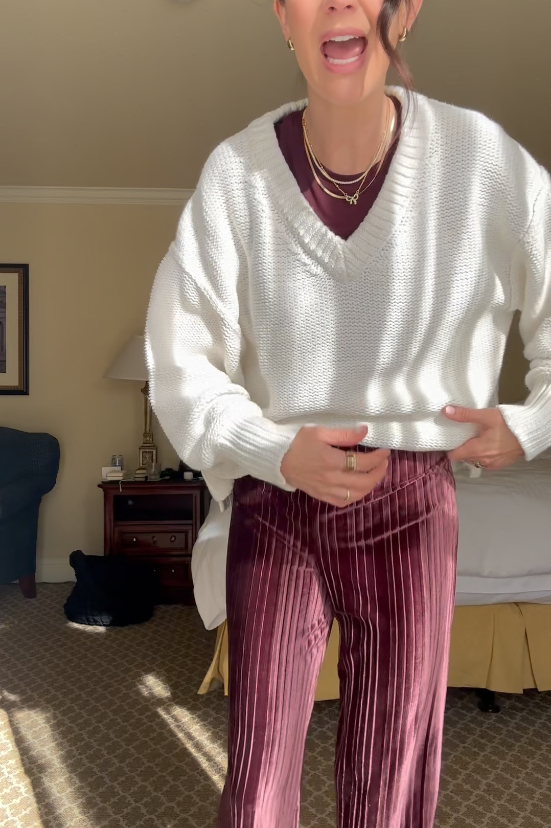 *pants are velour, not velvet. These exact ones are no longer available but I tagged options to get the same concept: pull on pants, same colored tee and a sweater over top. I am in a XS in the free people white sweater and a size small in the burgundy knit tee-shirt I’m wearing. It’s sooooo soft  

Travel day outfit , valentines outfit , casual chic 

#LTKStyleTip #LTKFindsUnder50 #LTKWatchNow