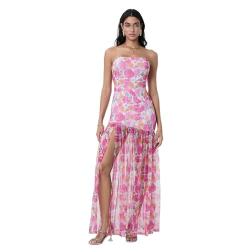 Women's Tube Top Dress Sexy Strapless Mesh Backless High Slit Long Dress Summer Party Ruched Bodycon Maxi Sundress (Mesh Pink, S) | Amazon (US)