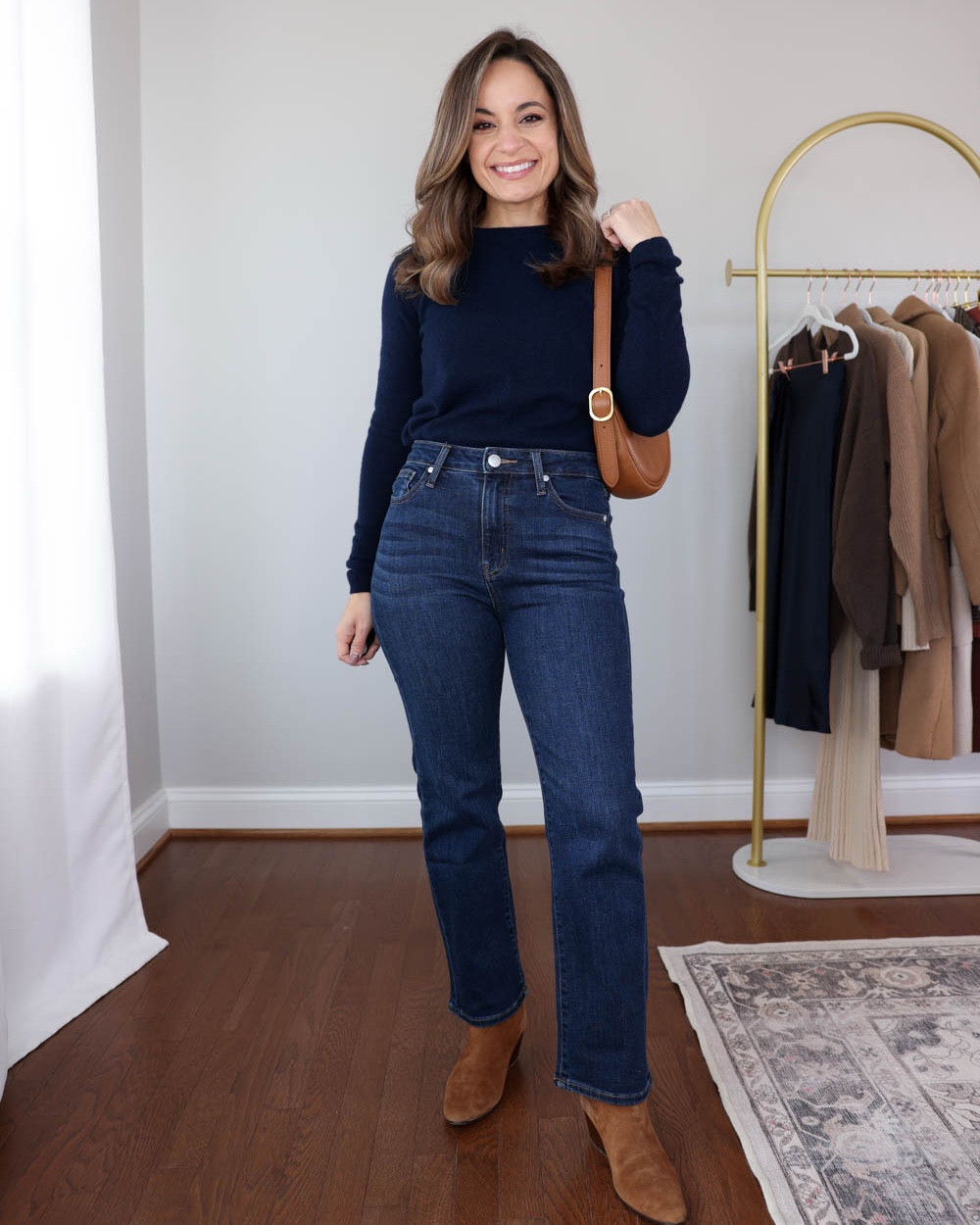 Three styles of petite-friendly jeans from Quince that I love: straight, skinny and relaxed jeans.

Outfit 1:
Straight Jeans (Quince): 24 x 26” in midnight blue 
Crewneck Cashmere Sweater (Quince): XS in navy 
Italian Leather Mini Crescent in cognac

Outfit 2:
Bella Stretch Skinny jeans (Quince): 24 x 26” in midnight blue
White Long Sleeve Top (Quince): XS
Mongolian Cashmere Oversized V-Neck Sweater (Quince): XS in brown
Cashmere scarf in neutral tartan
Italian Leather Mini Crescent in cognac

Outfit 3:
Relaxed Jeans (Quince): 24 x 28"
Organic Jersey Cotton Stretch Long Sleeve (Quince): XS
100% Cashmere Gloves and Scarf 
Organic Cotton Fisherman Sweater (Quince): XS in Speckled Beige 
Responsible Down Puffer Coat (Quince): XS in Oatmilk

My measurements for reference: I’m 4’10” and 105lbs. My bust, waist, and hip measurement is 32”, 24”, and 36”.

#LTKSeasonal #LTKStyleTip #LTKPetite