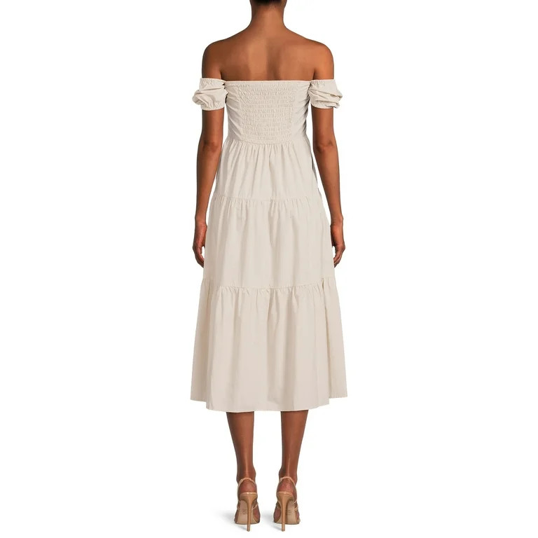 Time and Tru Women's Button Front Short Sleeve off Shoulder Dress | Walmart (US)