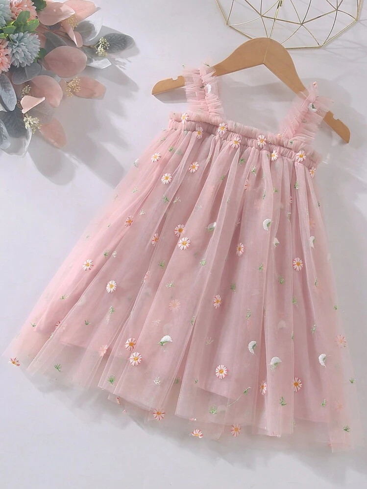 Baby Girls Cute Casual Embroidered Mesh Dress, Suitable For Party, Beach, Vacation, Elegant, Party, Graduation, Summer | SHEIN