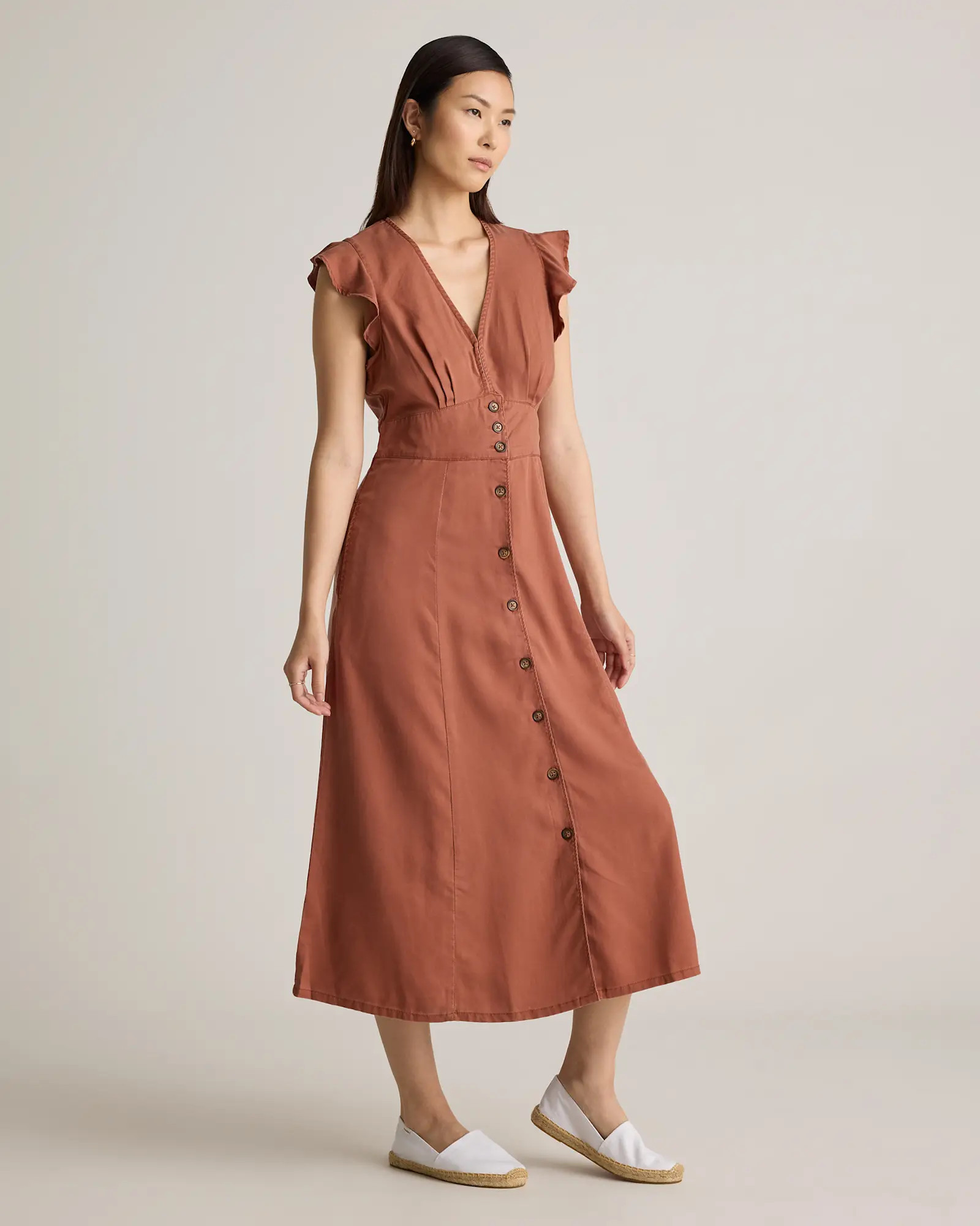 Vintage Wash Tencel Button Front Midi Dress in Terracotta | Quince