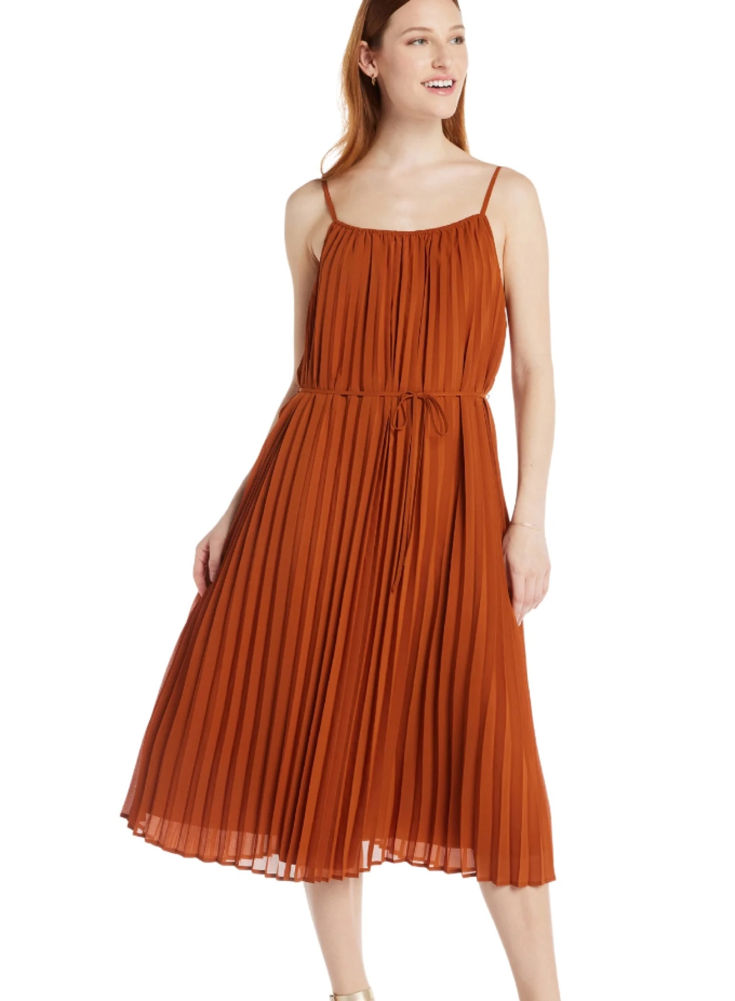 Time and Tru sleeveless pleated dress in ‘gingerbread brown’ from Walmart 
Rust / Amber
House or colour / Autumn 

#LTKStyleTip #LTKWedding