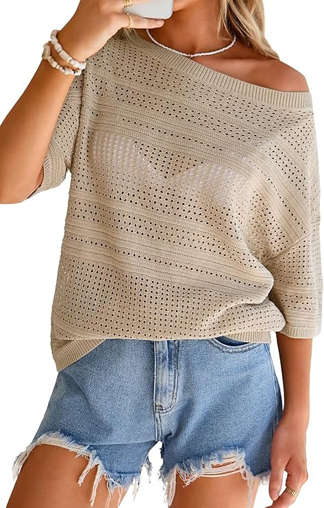 Arach&Cloz Women's Linen Blend Off Shoulder Summer Cover Up Beach Casual Crochet Tops Hollow Out ... | Amazon (US)