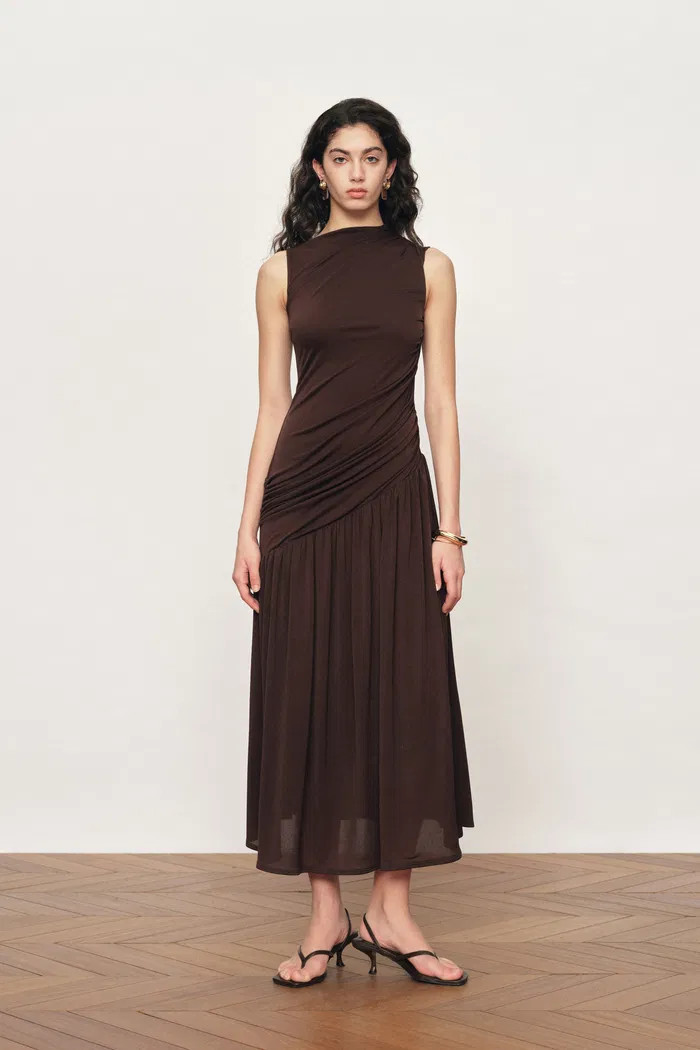 Avery Asymmetrical Ruched Sleeveless Dress in Acetate Blend Knit | Fabrique
