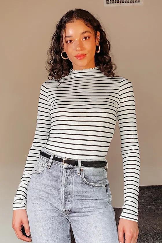 Now Trending White Striped Mock Neck Long Sleeve Bodysuit | Lulus (US)
