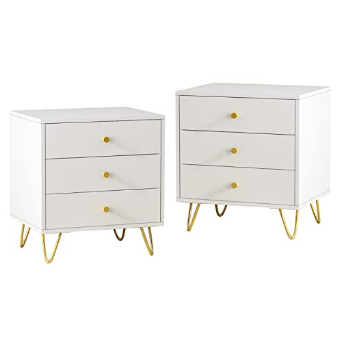 Homsee Set of 2 Nightstands Modern Bedside Table with 3 Drawers & Metal Legs, Versatile End Side Tab | Amazon (US)