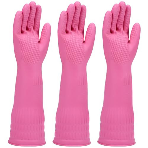 IUCGE Rubber dishwashing gloves 3 Pairs for kitchen,Cleaning washing dish gloves long for household reuseable durable.(Medium,Pink) | Amazon (US)