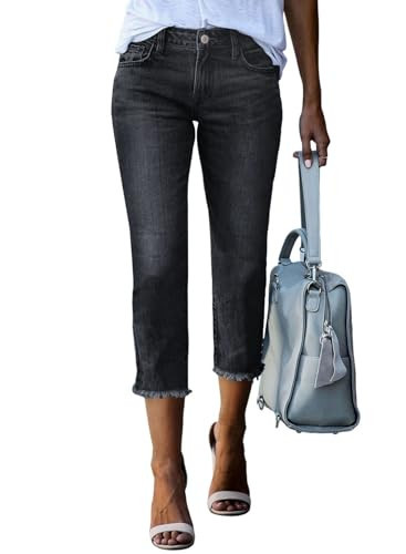 Sidefeel Women's Capri Jeans High Waisted Raw Hem Stretchy Straight Leg Denim Capri Pants Black Size 16 | Amazon (US)