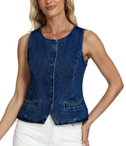 D-Sun Women Denim Vest Sleeveless Crew Neck Button Down Jean Vest Tank Tops Trendy Casual Jean Jacket Waistcoat | Amazon (US)