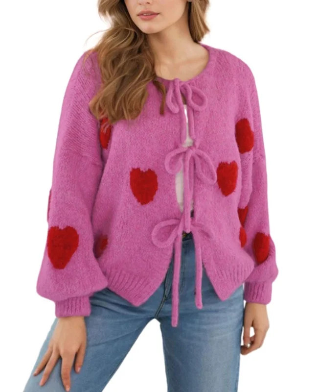 Valentine Cardigans for Women Cute Heart Printed Bow Tie Open Front Puff Sleeves Cardigan Sweater... | Walmart (US)