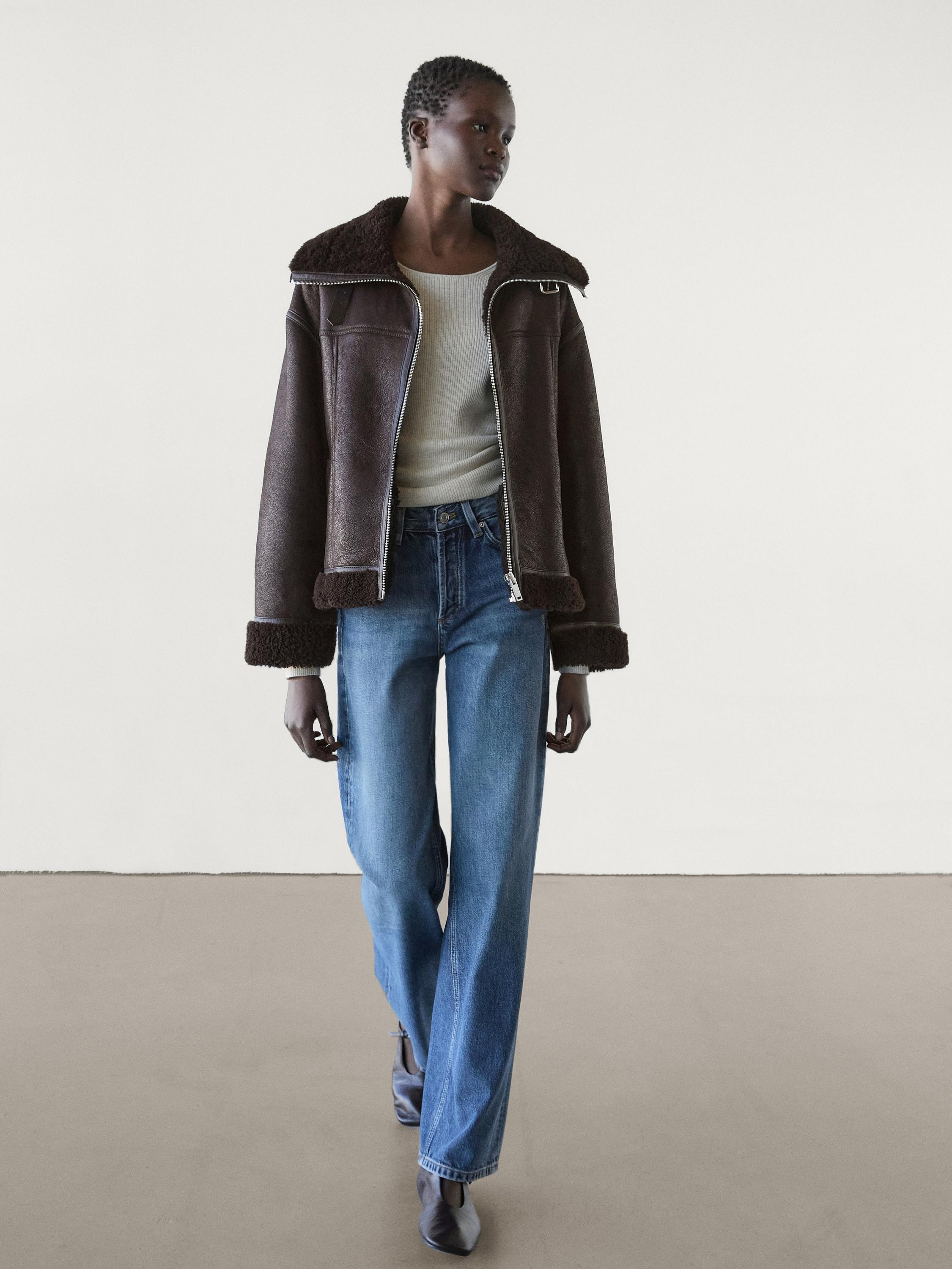 Leather aviator coat with seam details | Massimo Dutti US