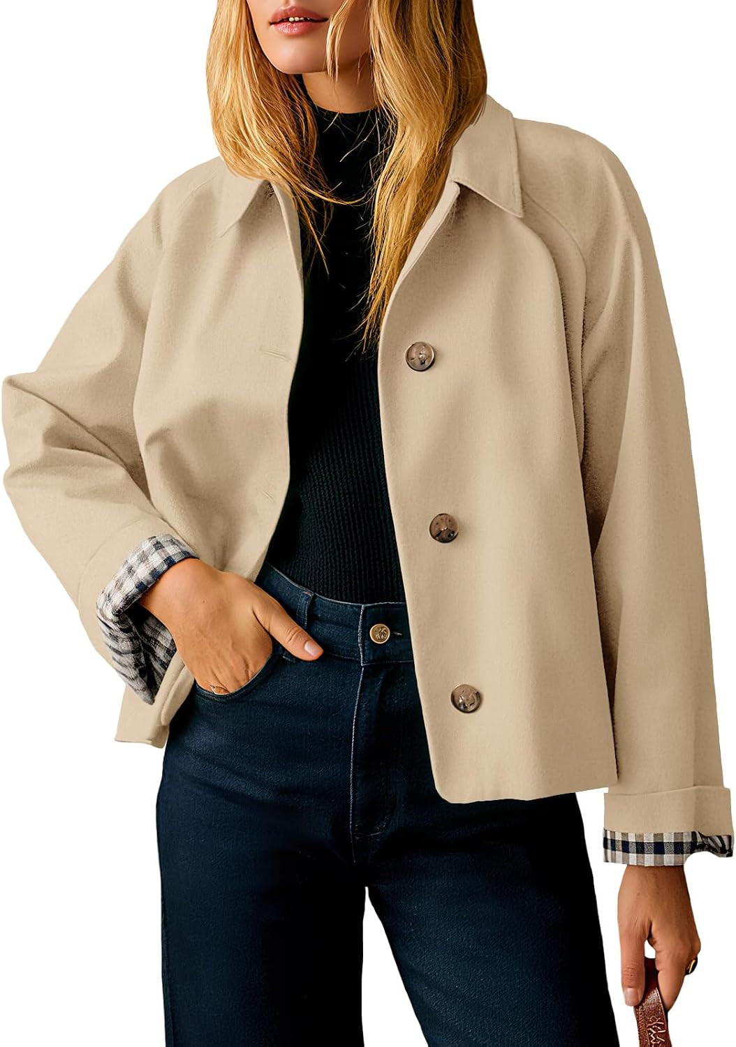 Tankaneo Womens Cropped Trench Coat Lightweight Single Breasted Jackets | Amazon (US)