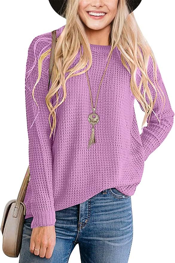 MEROKEETY Women's 2023 Long Sleeve Waffle Knit Sweater Crew Neck Solid Color Pullover Jumper Tops | Amazon (US)