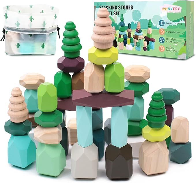 40 PCS Wooden Stacking Rocks Building Blocks Forest Theme, Sensory Learning Montessori Toys for 3... | Amazon (US)