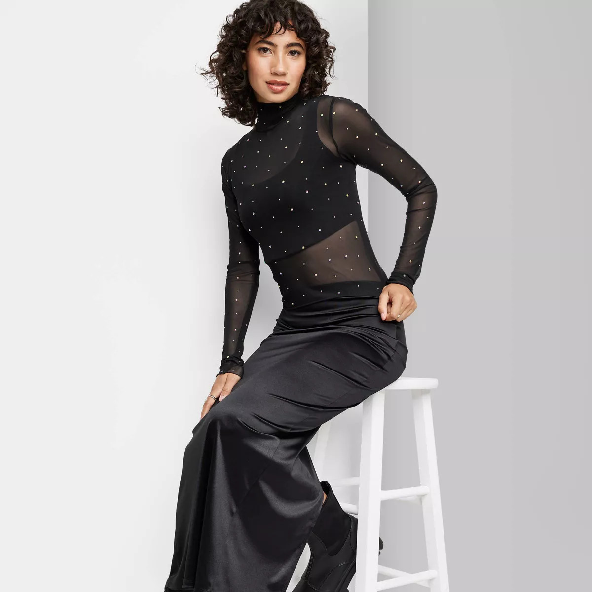 Women's Rhinestone Mesh Mock Turtleneck Top - Wild Fable™ | Target