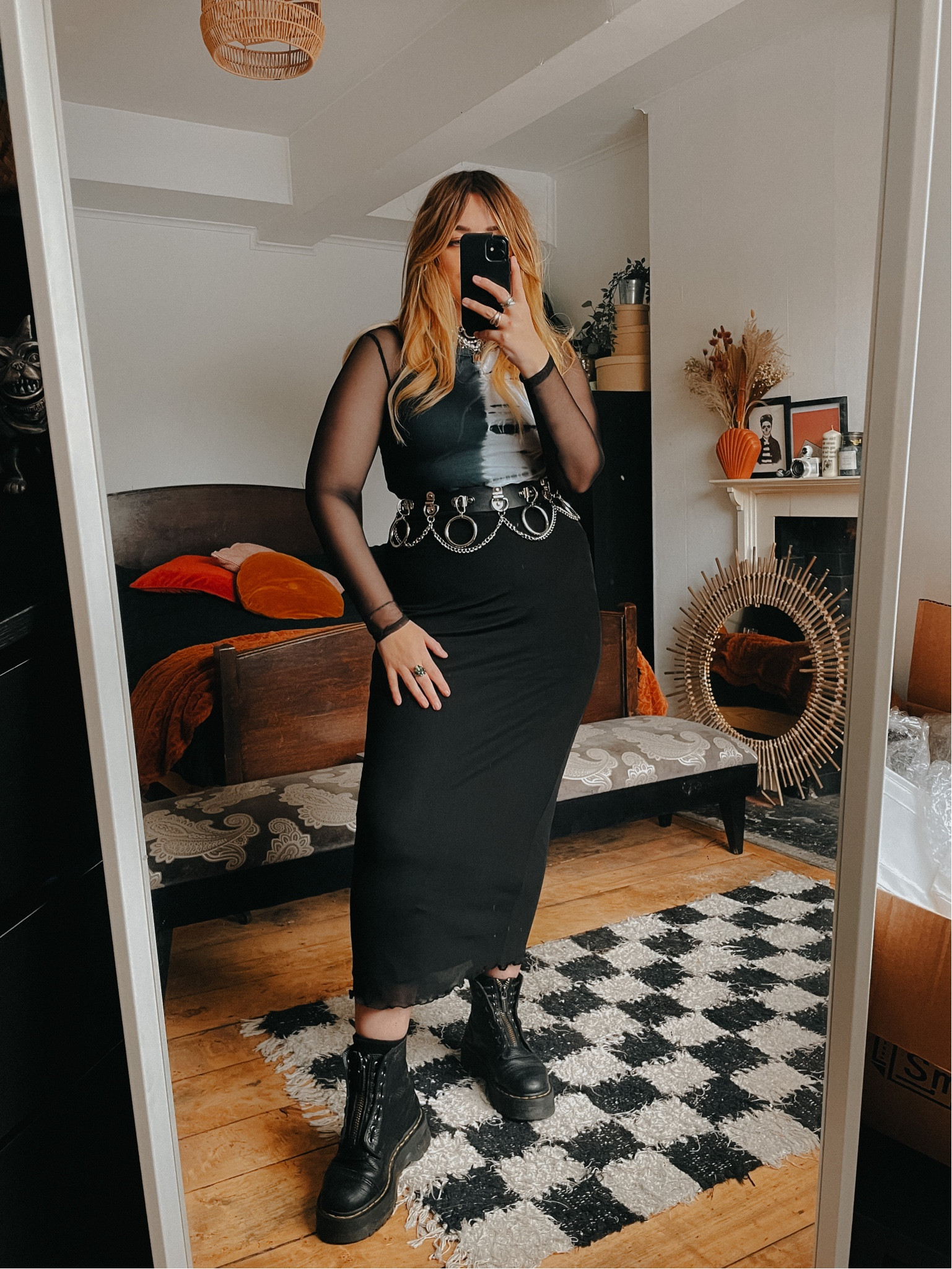 Black mesh midi skirt, mesh bodysuit, tie dye vest and chain belt with my dr marten boots!

#LTKeurope #LTKSeasonal #LTKunder50