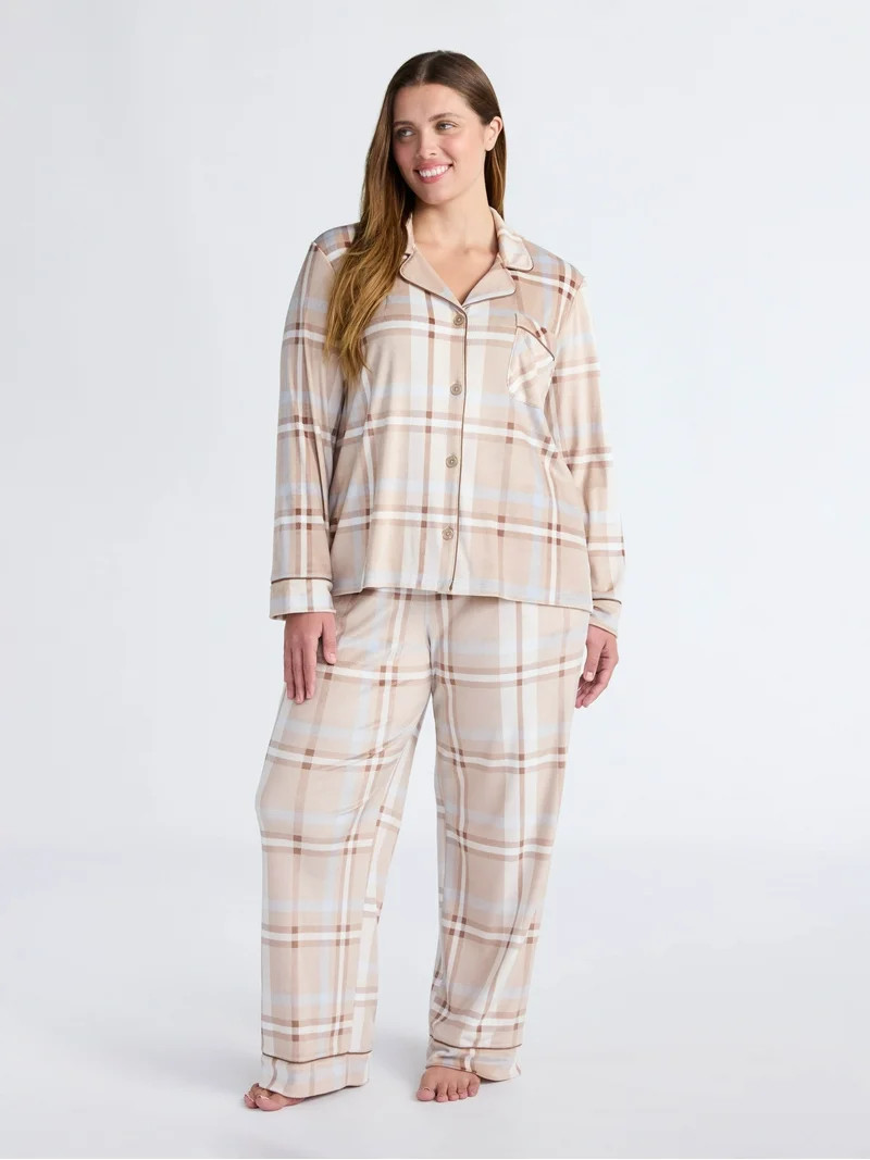 Joyspun Women’s Stretch Velour Notch Collar Long Sleeve Pajama Set, Sizes XS to 4X | Walmart (US)