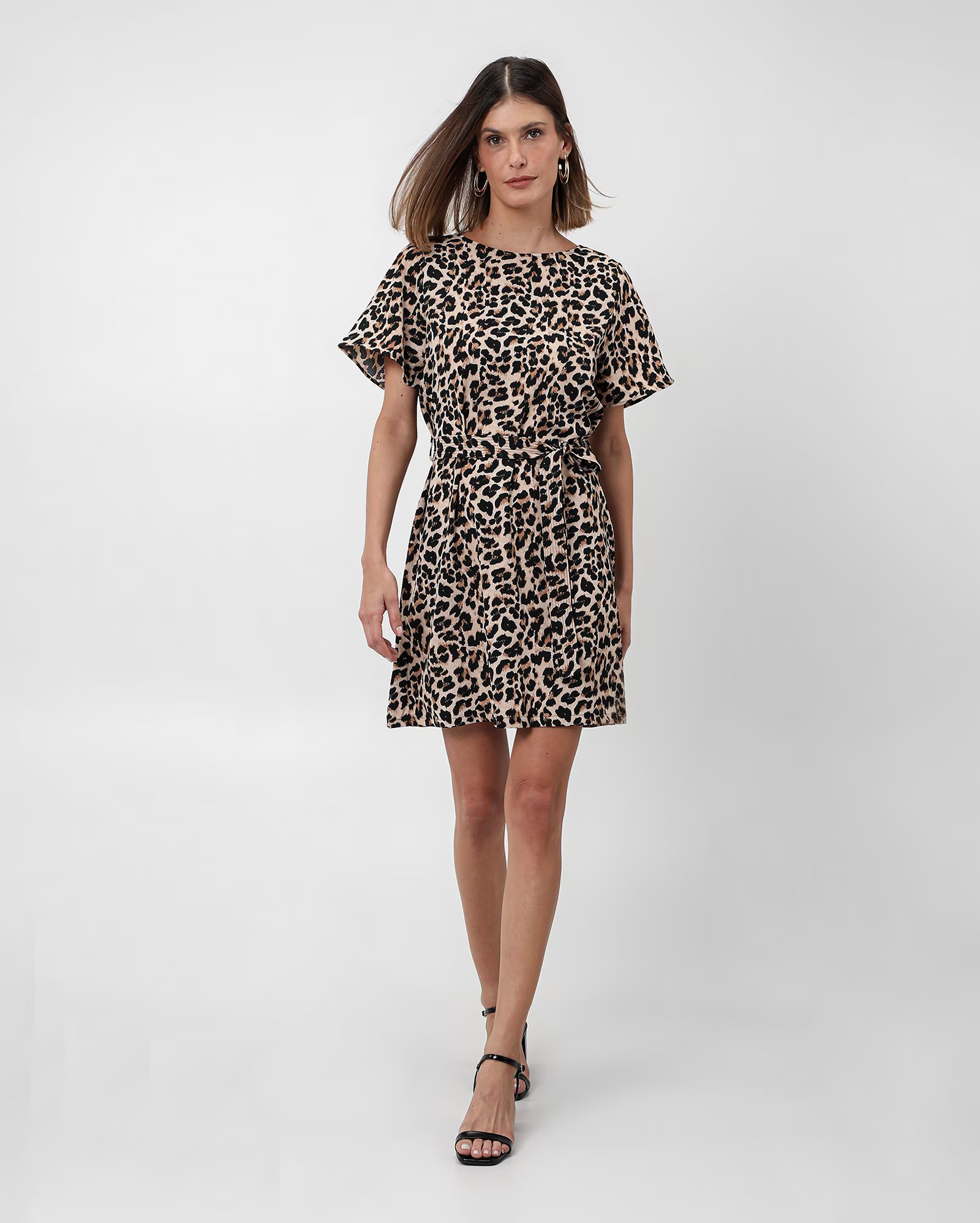 Vestido curto decote redondo onça com amarração bege | AK by Riachuelo | Riachuelo (BR)