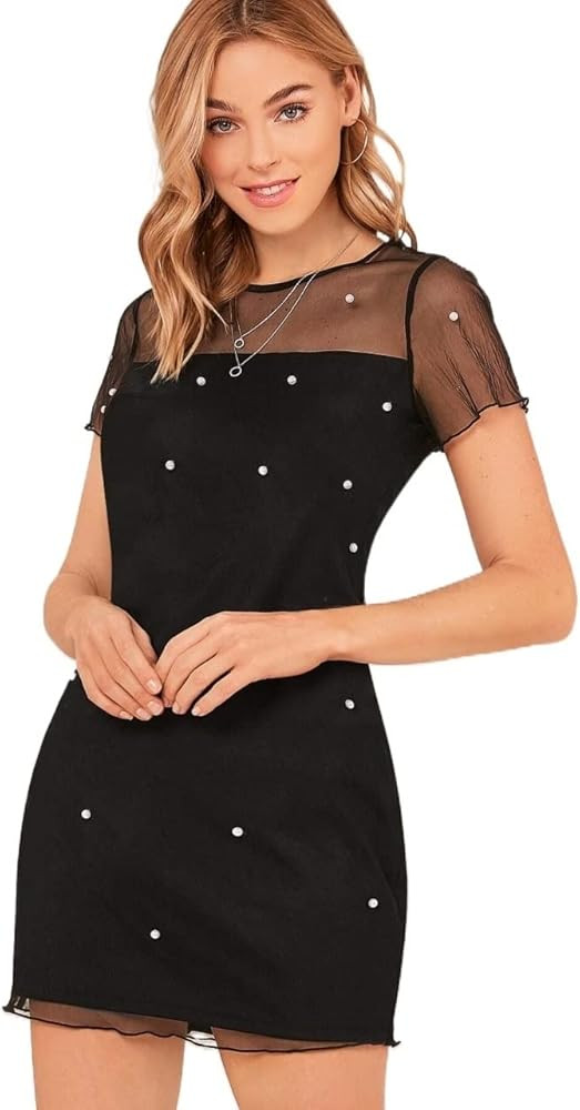 Womens Dresses Lettuce Trim Pearl Beaded Mesh Overlay Dress | Amazon (US)