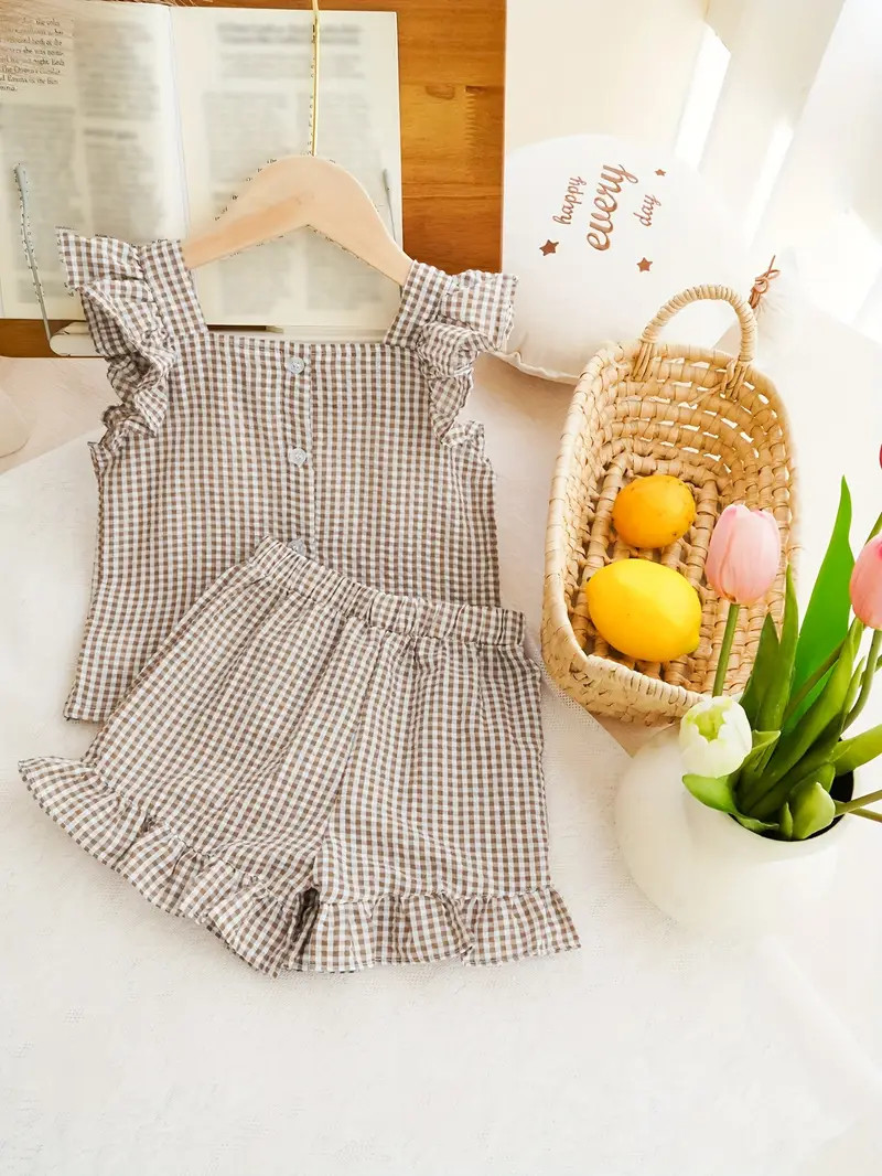 Baby Girls Cotton Plaid Print Ruffle Trim Wrinkled Top With Shorts Outdoor Set Outdoor Set | Temu Affiliate Program