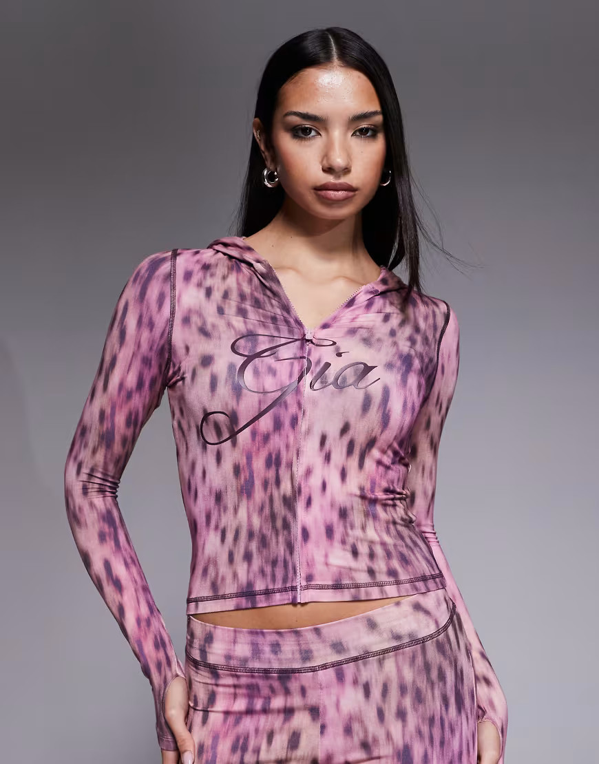 I.AM.GIA Blare logo contrast stitch zip through hoodie co-ord in pink animal print | ASOS (Global)