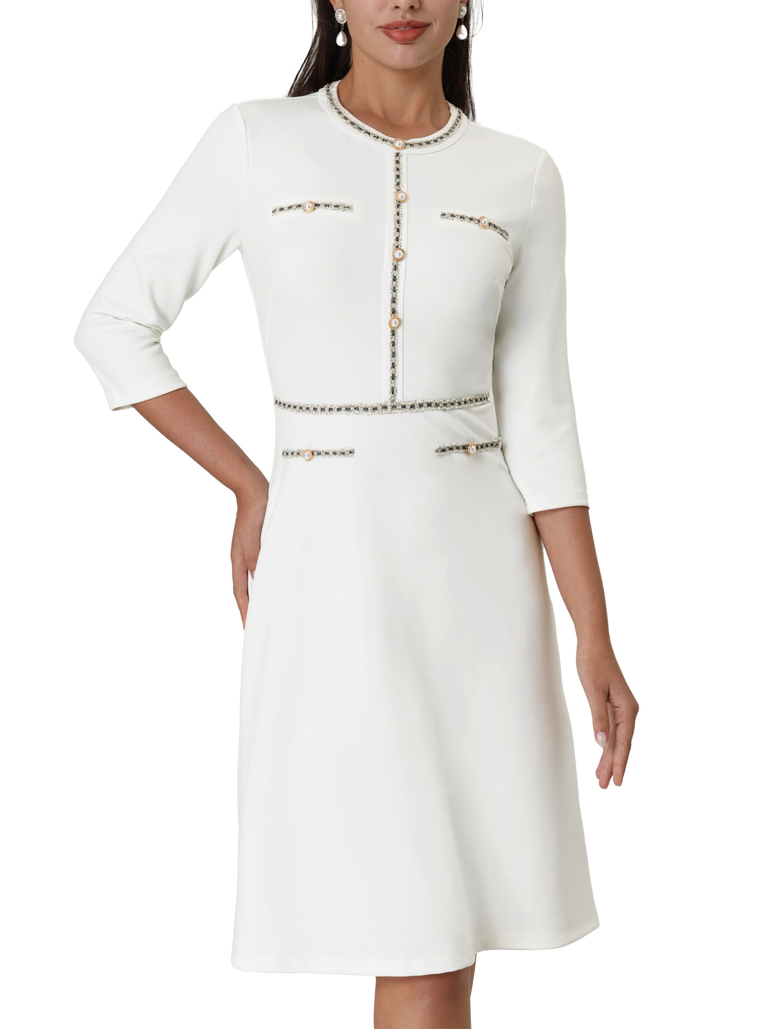Unique Bargains Women's A-Line Dress Contrast Color Office Tweed Trim Dresses M White | Walmart (US)