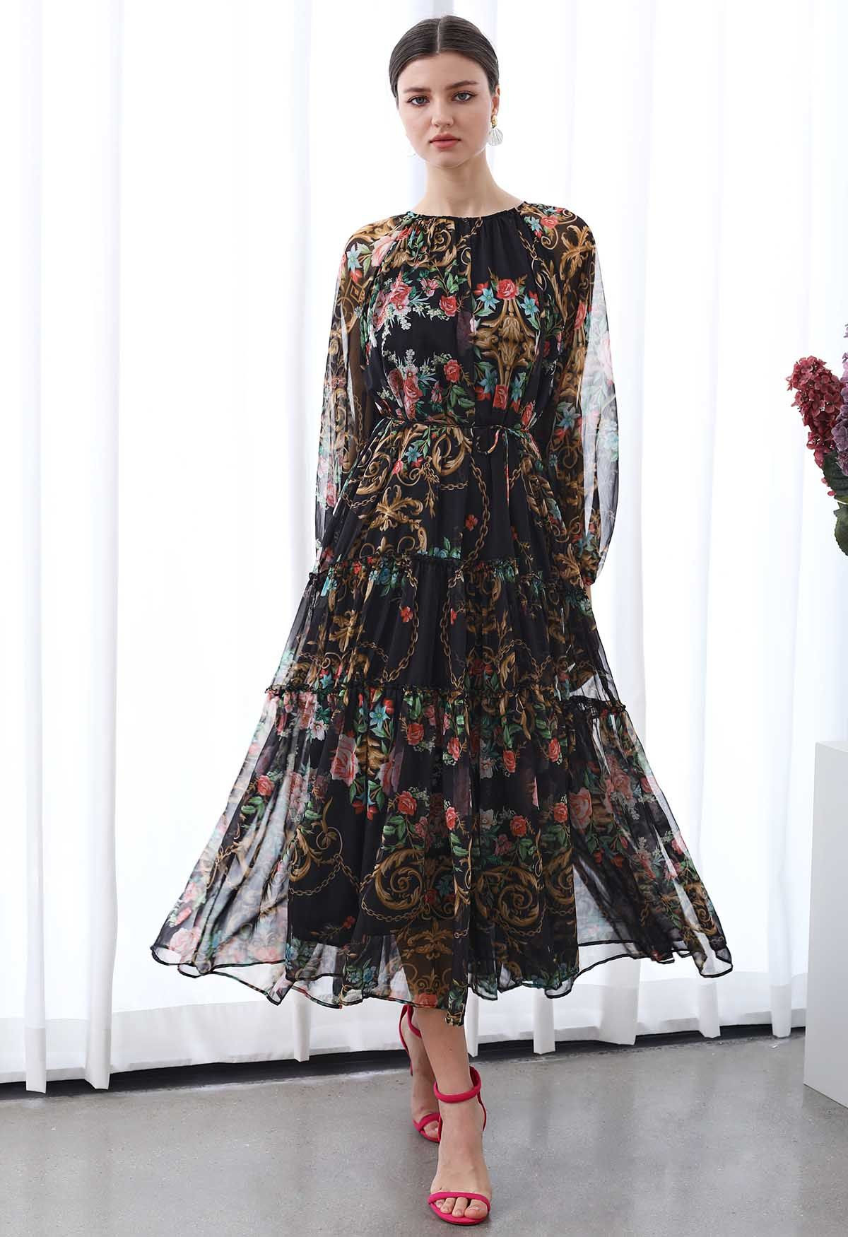 Peony Printed Ruffle Lantern Sleeve Maxi Dress in Black | Chicwish