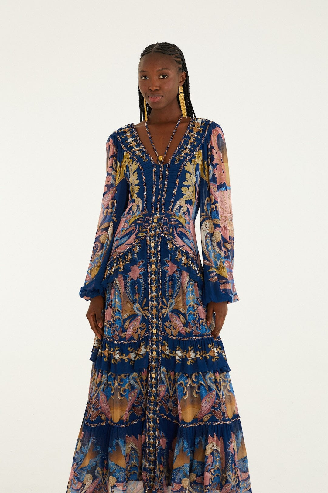 Navy Blue Sea Garden Braid Details Maxi Dress | FARM Rio | FarmRio (US)