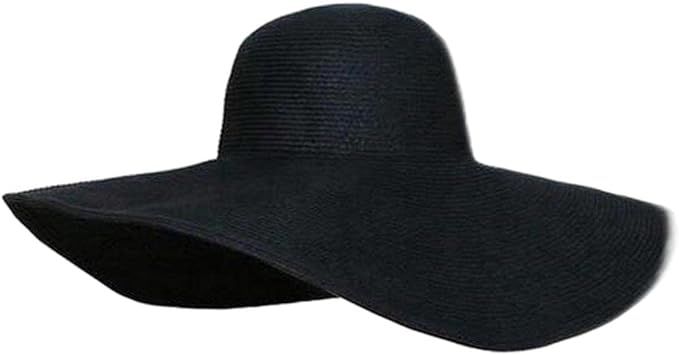 VANTOBEST 1Pcs Women Wide Brim Straw Hat Foldable Beach Floppy Sun Hat Black | Amazon (US)