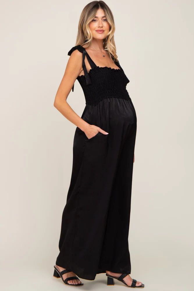 Black Satin Smocked Square Neck Shoulder Tie Maternity Jumpsuit | PinkBlush Maternity