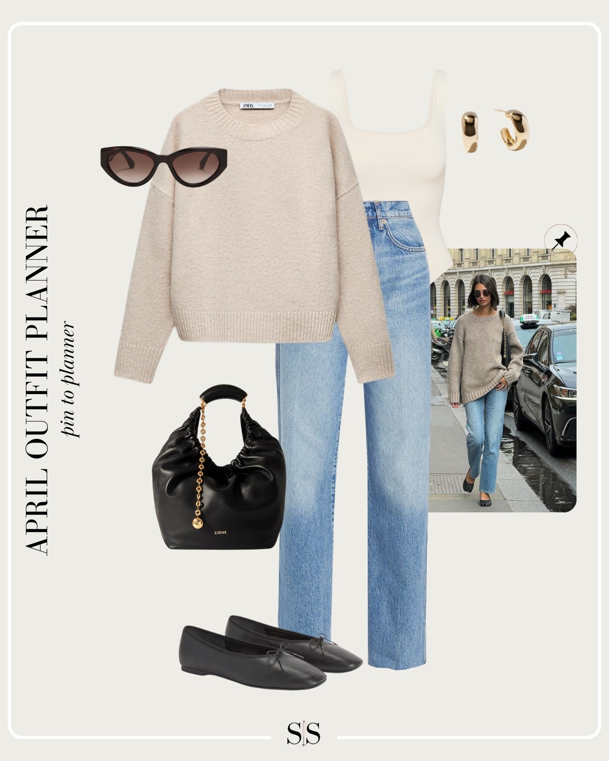Monthly outfit planner APRIL: Spring transitional looks, pin to planner outfit inspo | cream crew neck sweater, straight jean, black flats, black handbag

#springoutfit #casualstyle 

Image credit: Pinterest


#LTKStyleTip