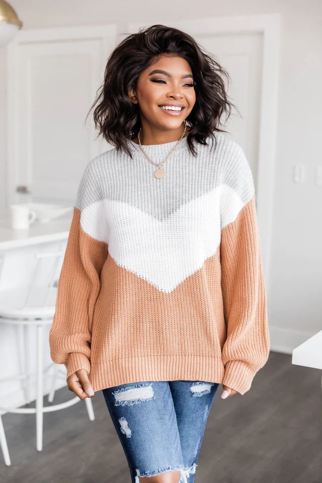 Let's Talk Love Brown Chevron Colorblock Sweater | The Pink Lily Boutique