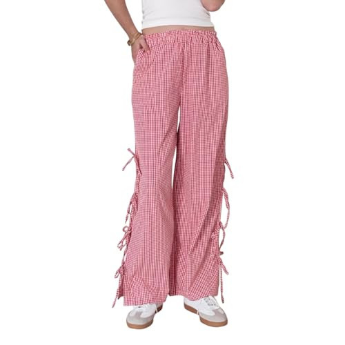 Y2K Gingham Pants for Women Bow Tie Side Slit Wide Leg Lounge Bottom Plaid Checkered Loose Fit Going Out Pants (Gingham Red, M) | Amazon (US)