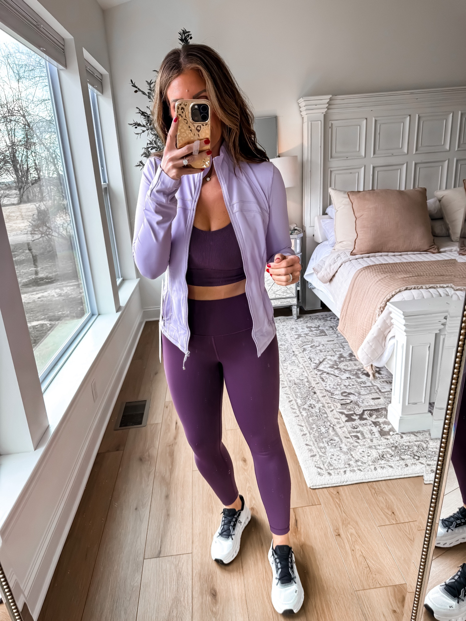 New Lululemon colors grape and lilac 
Sz 8 leggins 
Sz 10 jacket 
Sz & bra 

#LTKmidsize #LTKover40 #LTKfitness