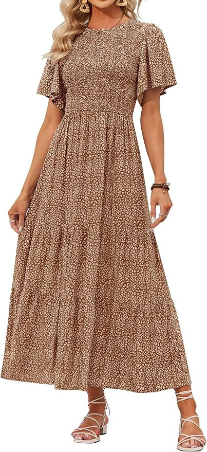 ZESICA Women's 2024 Summer Casual Floral Print Short Flutter Sleeve Crew Neck Smocked High Waist ... | Amazon (US)