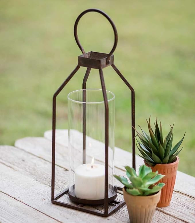 Greenville Pillar Metal Candle Lantern Candle Holder with Clear Glass, Rustic Indoor / Outdoor Li... | Amazon (US)