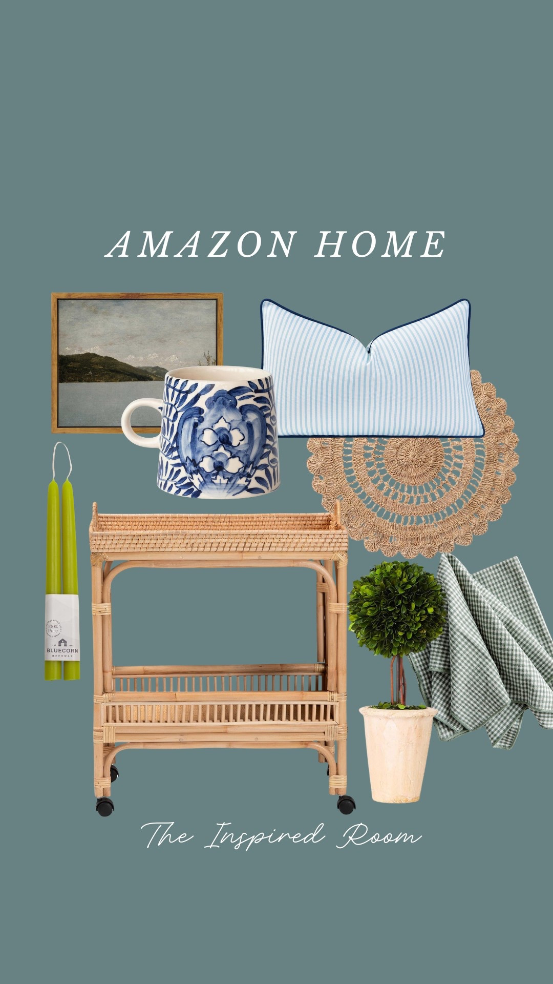 Newly added to my Amazon storefront - rattan cart, blue and white stripe pillow, art, taper candles, topiary, kitchen tea towels, charger, blue and white mug 

#LTKFindsUnder50 #LTKStyleTip #LTKHome