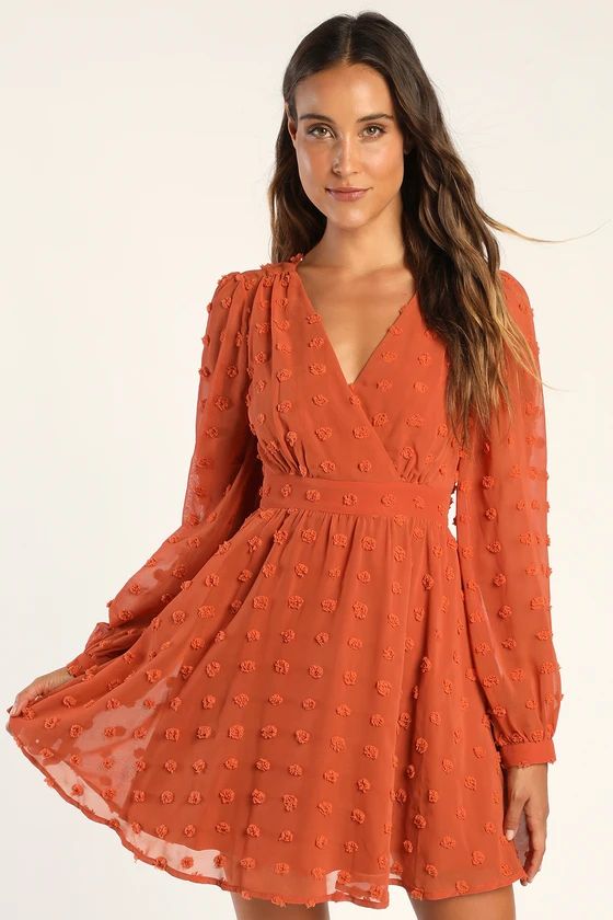 Always on Repeat Rust Orange Clip Dot Long Sleeve Mini Dress | Lulus (US)