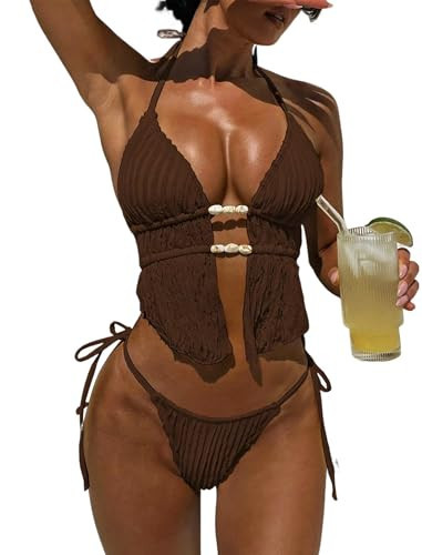 ZAFUL Halter Bikini Sets for Women Textured Backless Two Piece Swimsuit Cheeky High Cut String Tie Side Bathing Suits 0-Brown L | Amazon (US)