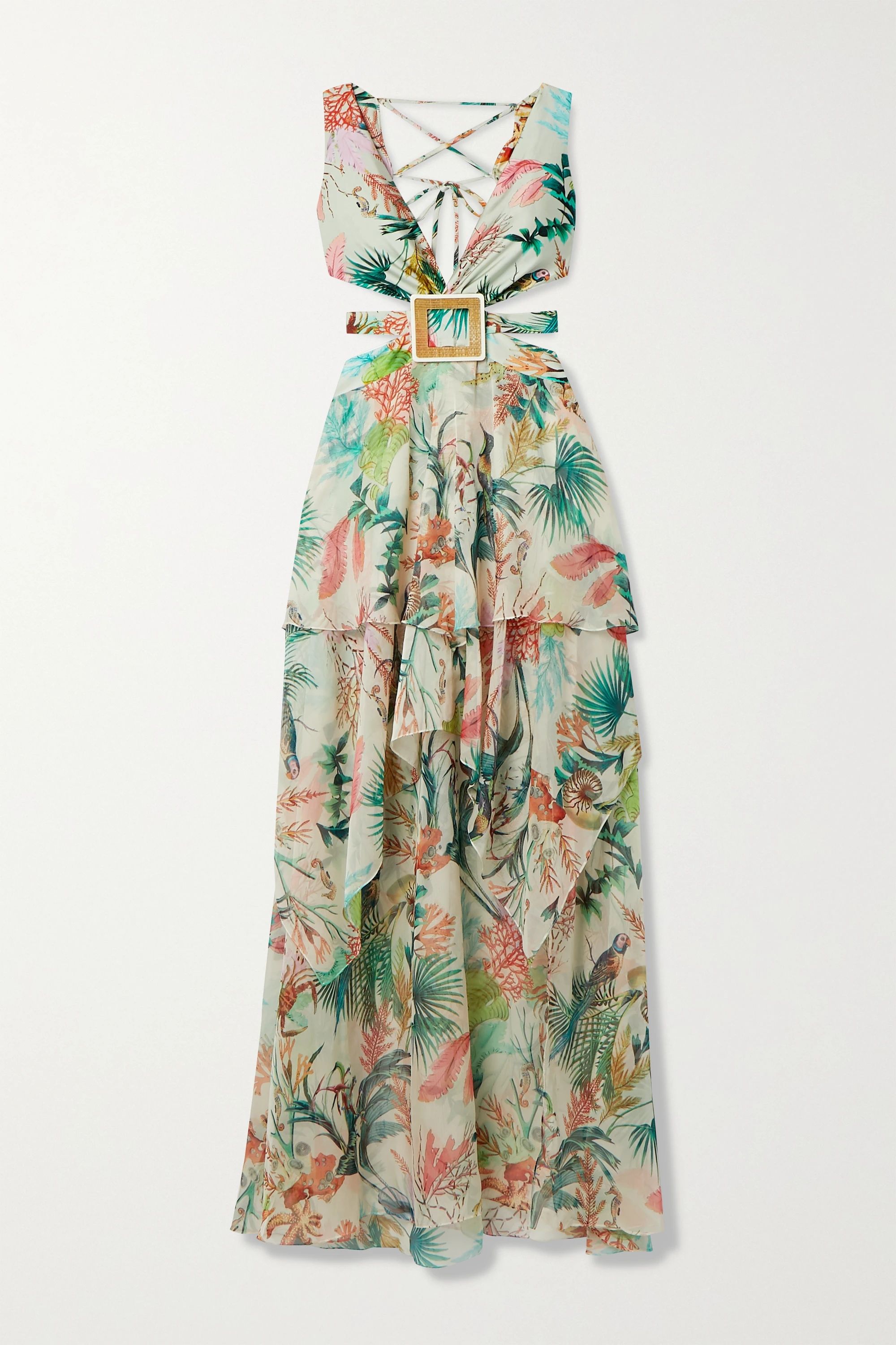 Oasis cutout ruffled printed chiffon and stretch-jersey maxi dress | NET-A-PORTER (US)