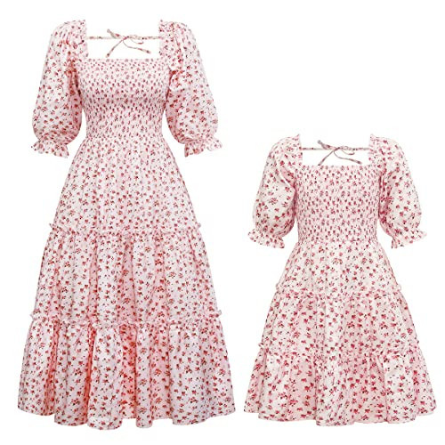 Mommy and Me Matching Dresses Floral Printed Ruffled Short Lantern Sleeves A-Line Long Dress Hidden Back Zipper Closure Summer Mom Daughter Matching Outfits Pink Floral Medium | Amazon (US)