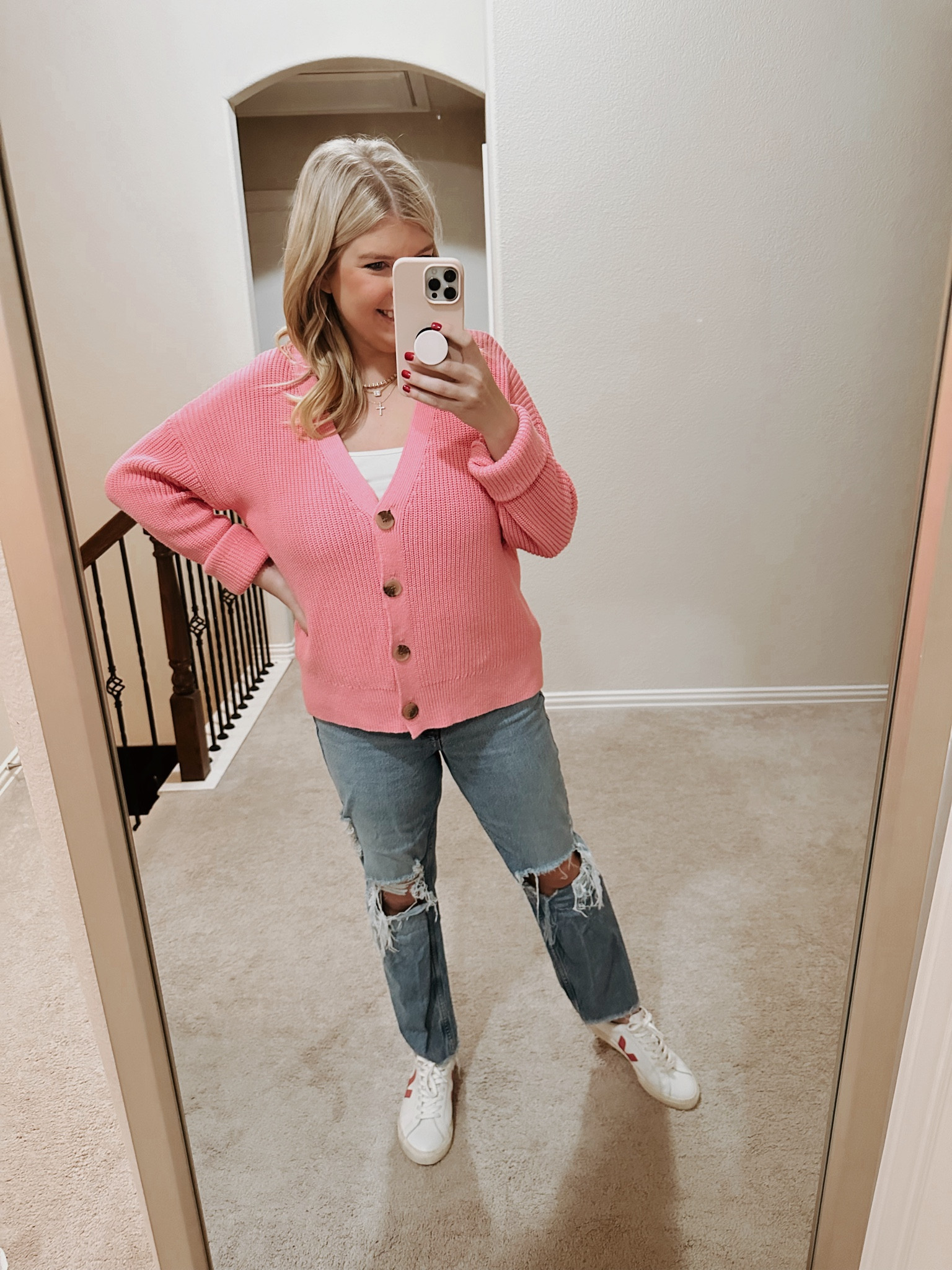 Casual outfit for valentine’s day at work! 
Sizing:
Large Sweater
Large tank top
8 Jeans
8.5 sneakers

casual outfit idea. casual work wear. casual office outfit. jeans. Good American. Old Navy. sweater outfit. sneakers. jewelry. layered necklace. necklaces  

#LTKfindsunder100 #LTKworkwear #LTKSeasonal