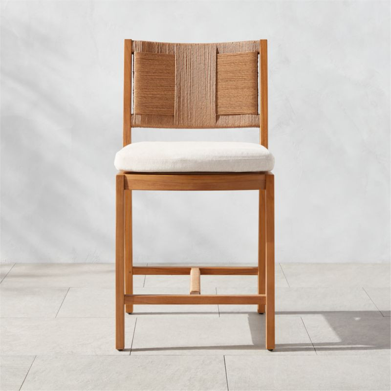 Roc Teak and Rattan Counter Stool with Ivory Sunbrella Cushion + Reviews | CB2 | CB2