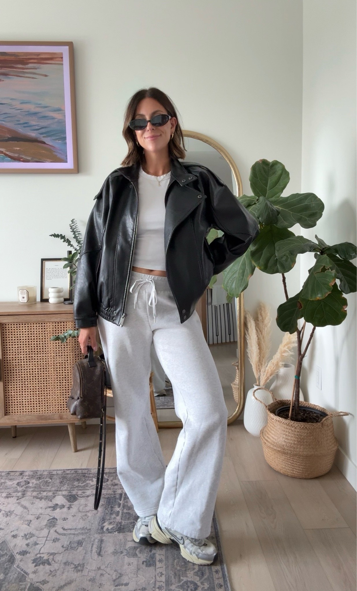 OOTD idea for comfort 
Tshirt is aritzia 
Sweatpants are aritzia (size medium)
Leather jacket is Abercrombie (size small) 
Sunnies are Amazon $10 for 2 pack!

Linking similar options at different price ranges!

#LTKcanada #LTKfall #LTKstyletip