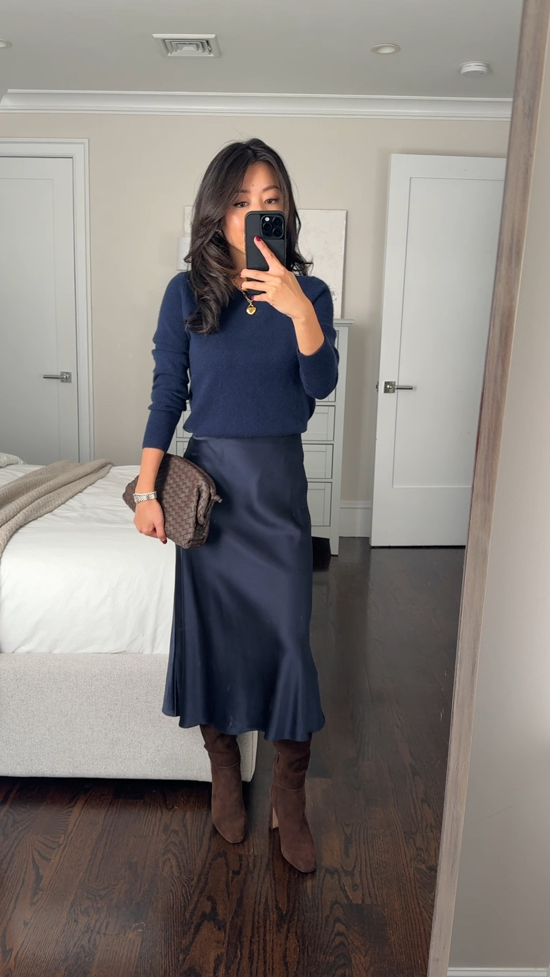 Another elegant cashmere + silk combo: navy with chocolate!

• $50 Mongolian Cashmere Crewneck sweater in navy xs 

• Quince 100% Silk Slip Skirt in navy xs - I love this skirt and own it in several colors! The xs measures 12.5” across the waist (elastic) and 28-29” in length. 

• old Steve Madden boots 

@oneQuince #QuincePartner

Holiday party outfits, work office outfits. family photo outfits, Christmas party, cashmere gifts for her 

#LTKFindsUnder50 #LTKParties #LTKHoliday