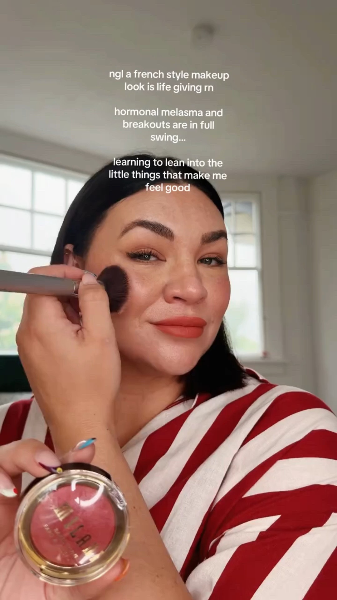 Start with the lip, I’m obsessed with the blotted blurry lip. My go to color is mon Cheri.

A simple all over color wash and blend out of the hula benefit bronzer (I like the mini so that it looks eyeshadow size and isn’t too big in my bag)

A kiss of the milani baked blush on the cheeks in ciao Bella. It’s a gorgeous warm berry

Smudged messy eyeliner, I like brown so it blends with the eyeshadow and feels softer. If you need an eyeliner brush the one I linked is perfection.

And that’s it✨

#LTKmorningroutine #LTKMothersDay #LTKgrwm