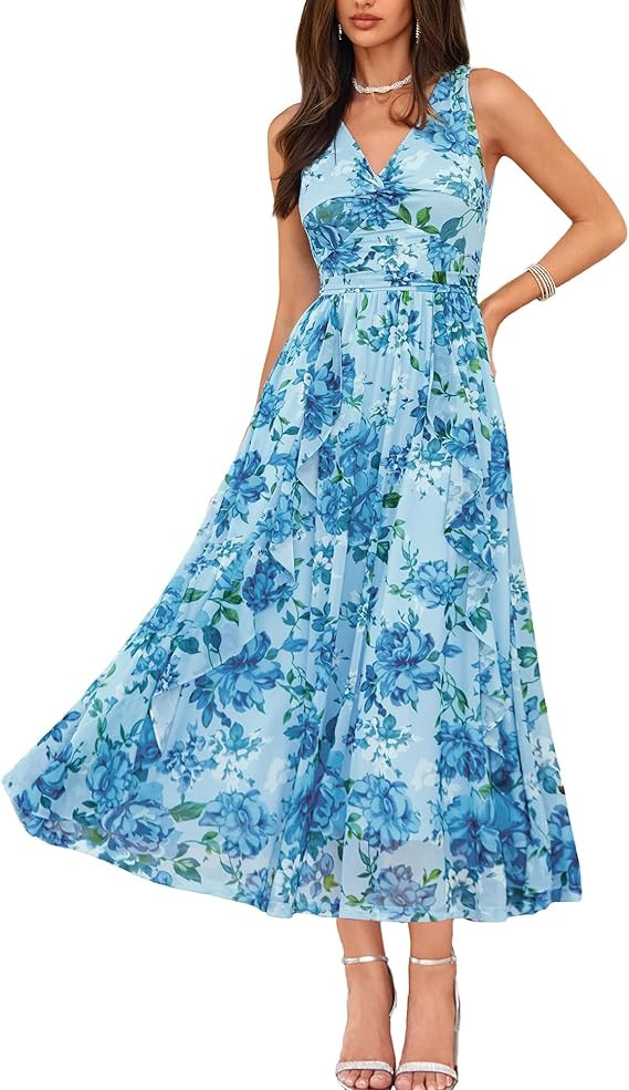GRACE KARIN Women's Summer Sleeveless Maxi Dress V Neck Floral Wedding Guest Dress A Line Ruffle ... | Amazon (US)